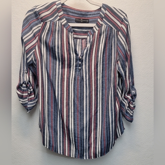 FRED DAVID women's size small 3 button front, button cuffs striped tunic top - Picture 1 of 6